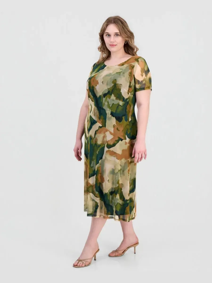 Платье миди с принтом, модель Plus Size Printed Mesh Midi Dress Connected, Olv — изображение 4 из 5