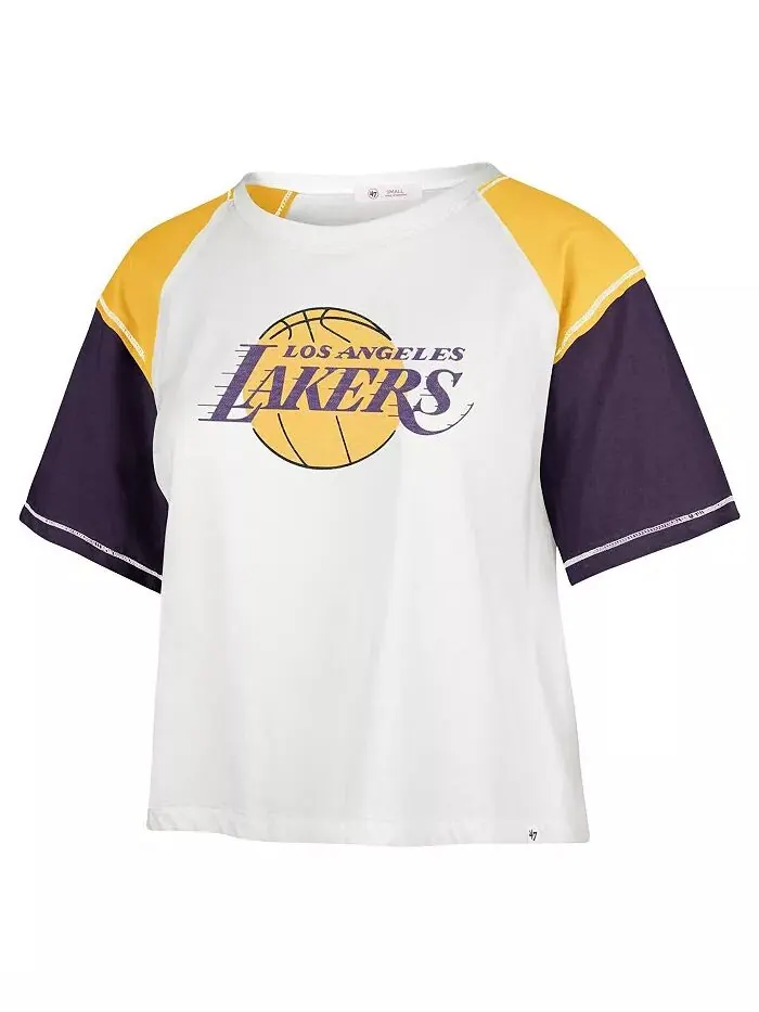 Женская кремовая потертая футболка Los Angeles Lakers Premier Raglan Cropped '47 Brand — изображение 2 из 3