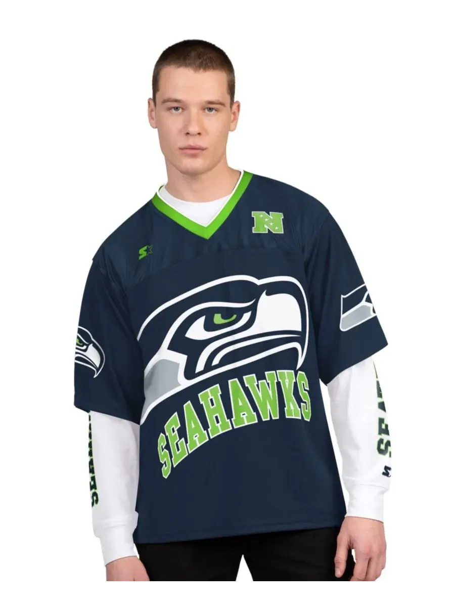 Комплект футболок с длинным и коротким рукавом с принтом Seattle Seahawks Starter — изображение 1 из 7, темно-синий белый