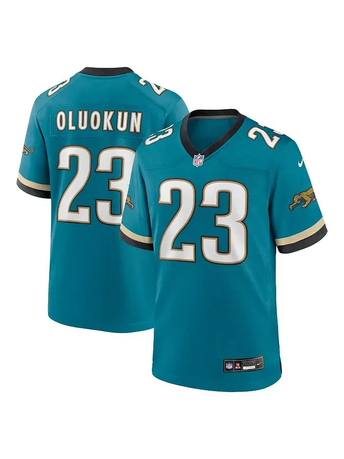 Мужская игровая футболка Foye Oluokun цвета морской волны Jacksonville Jaguars в ретро-стиле — изображение 1 из 3