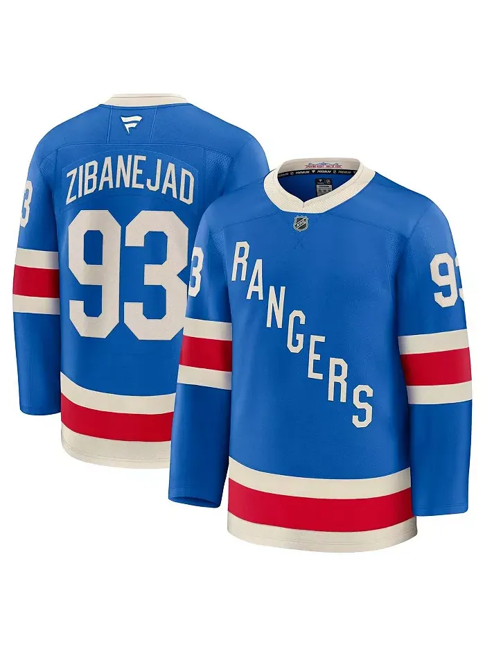Мужская синяя джерси New York Rangers Centennial Premium с именем Mika Zibanejad Fanatics — изображение 1 из 3