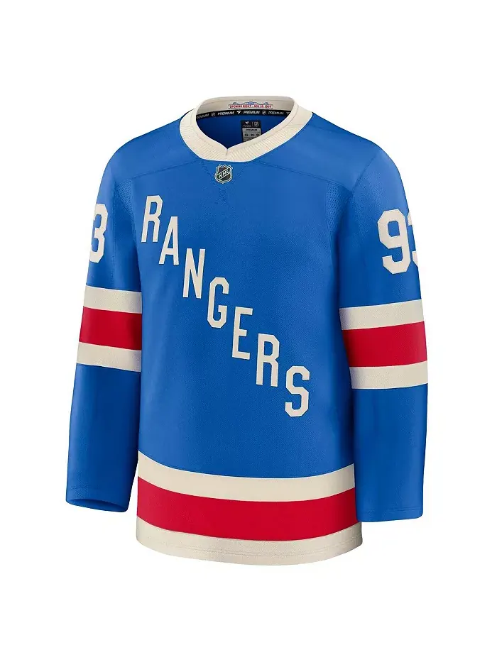Мужская синяя джерси New York Rangers Centennial Premium с именем Mika Zibanejad Fanatics — изображение 2 из 3