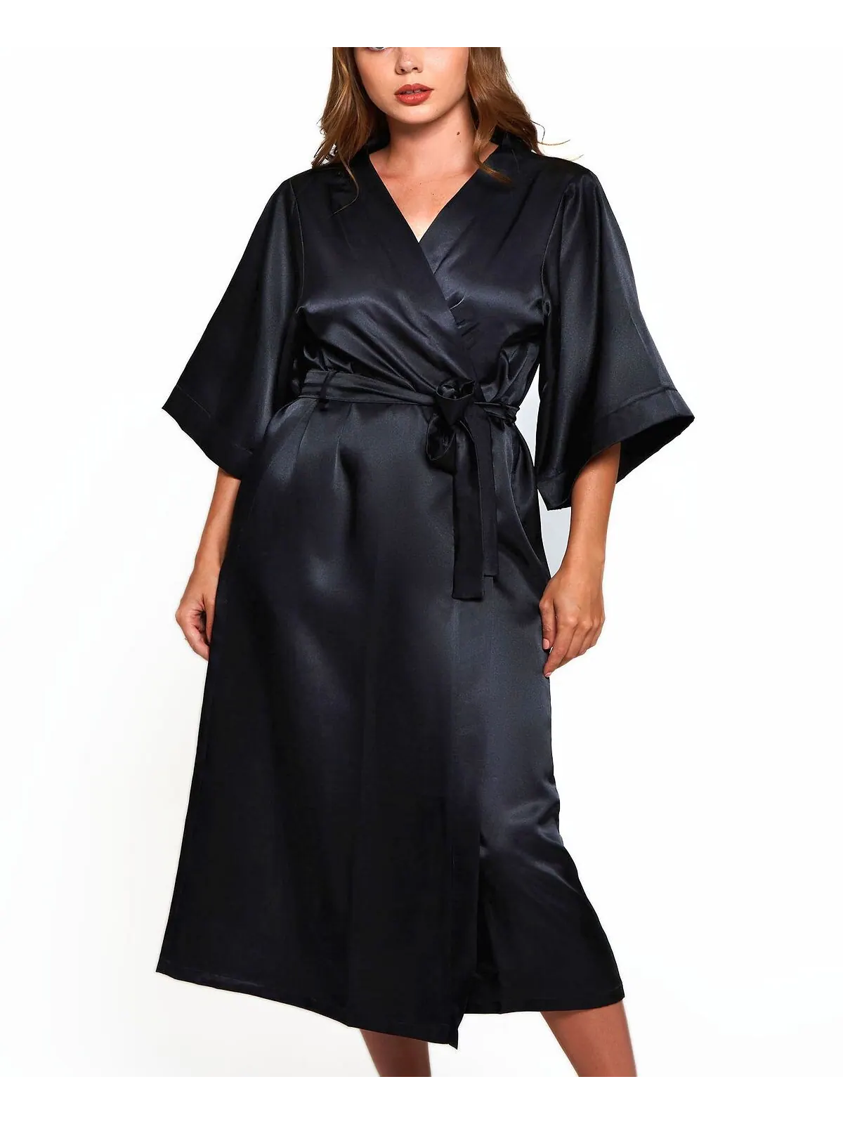 Длинный атласный халат Victoria Plus Size с рукавами 3/4 iCollection — изображение 1 из 2, черный