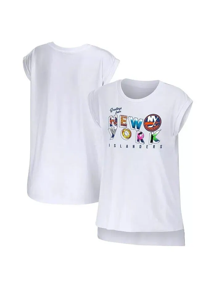 Женская белая футболка New York Islanders Greeting From Muscle Wear By Erin Andrews — изображение 1 из 3