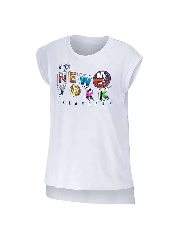 Женская белая футболка New York Islanders Greeting From Muscle Wear By Erin Andrews — изображение 2 из 3