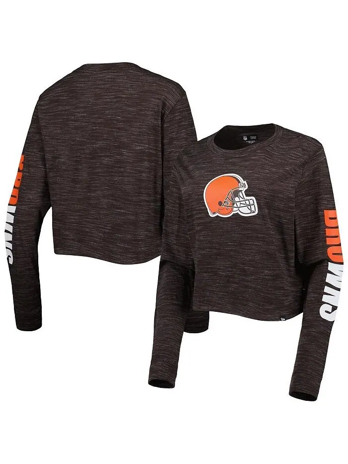 Женская коричневая укороченная футболка с длинным рукавом Cleveland Browns New Era