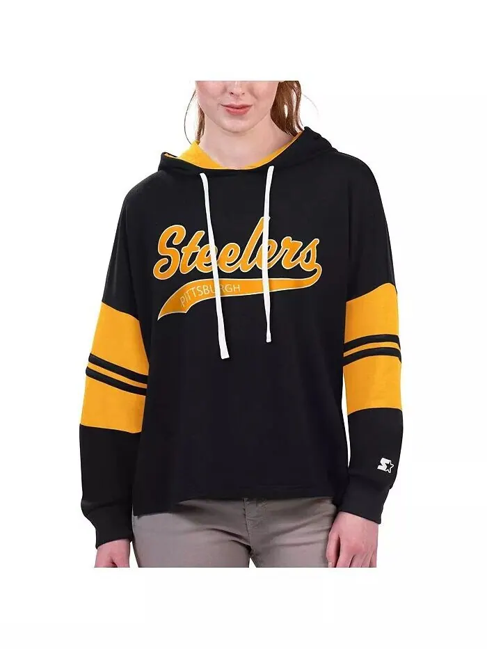 Женская черная футболка с капюшоном Pittsburgh Steelers Bump And Run с длинным рукавом Starter — изображение 1 из 1