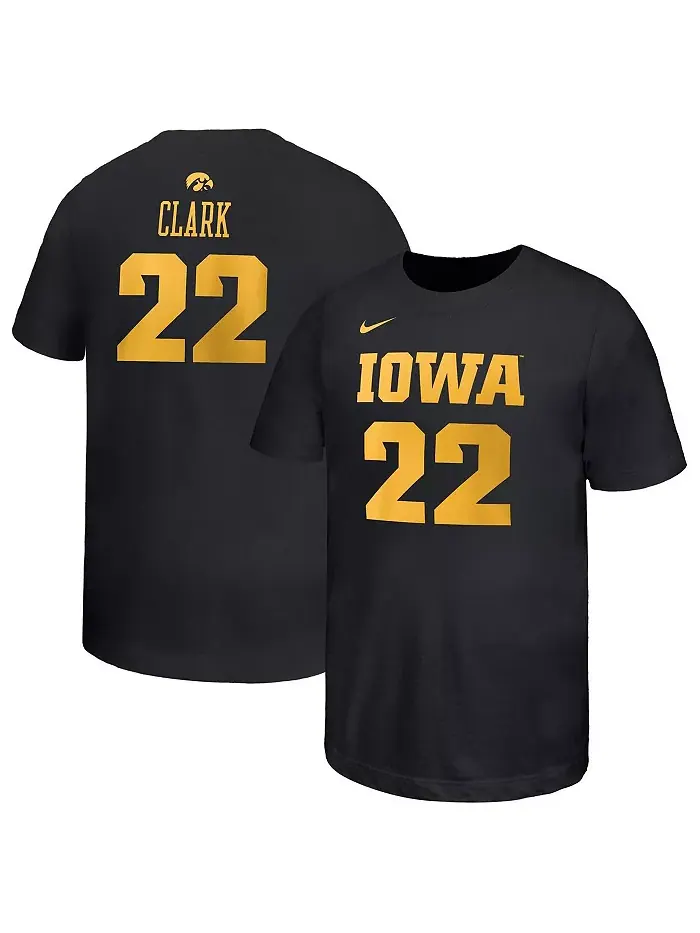 Футболка Big Boys and Girls Caitlin Clark Black Iowa Hawkeyes Retired Player Name Number Core Nike — изображение 1 из 3