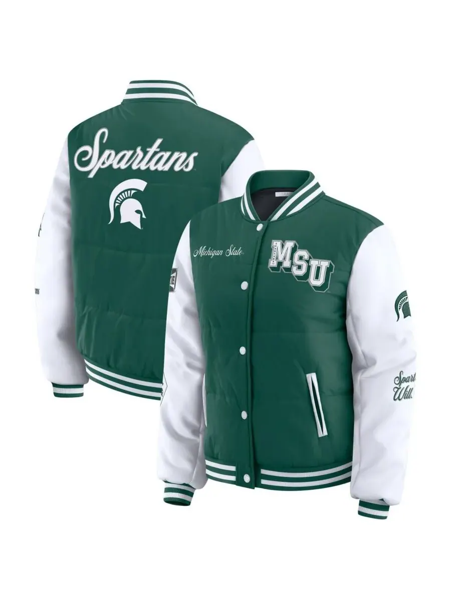 WEAR by Erin Andrews Женская зеленая пуховая куртка Michigan State Spartans Varsity на кнопках — изображение 1 из 5