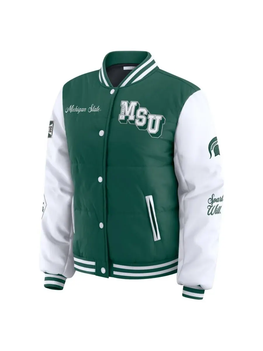 WEAR by Erin Andrews Женская зеленая пуховая куртка Michigan State Spartans Varsity на кнопках — изображение 2 из 5