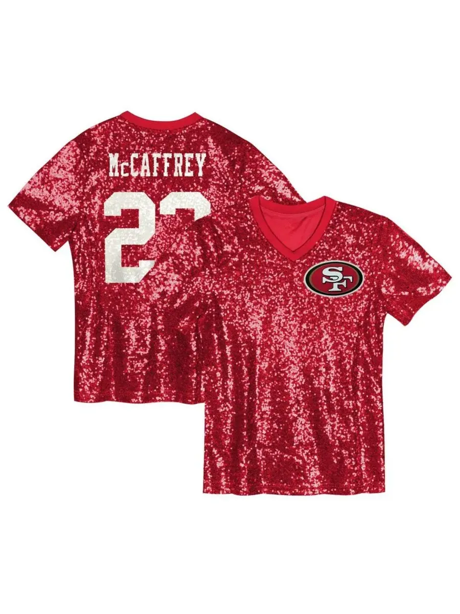 Детская футболка Christian McCaffrey Scarlet San Francisco 49ers с V-образным вырезом и пайетками — изображение 1 из 3, алый