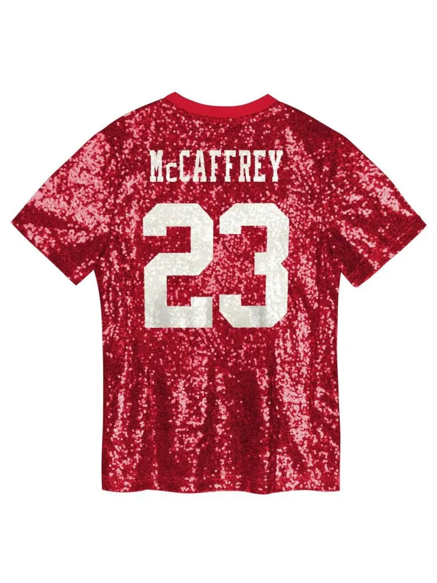 Детская футболка Christian McCaffrey Scarlet San Francisco 49ers с V-образным вырезом и пайетками — изображение 2 из 3, алый