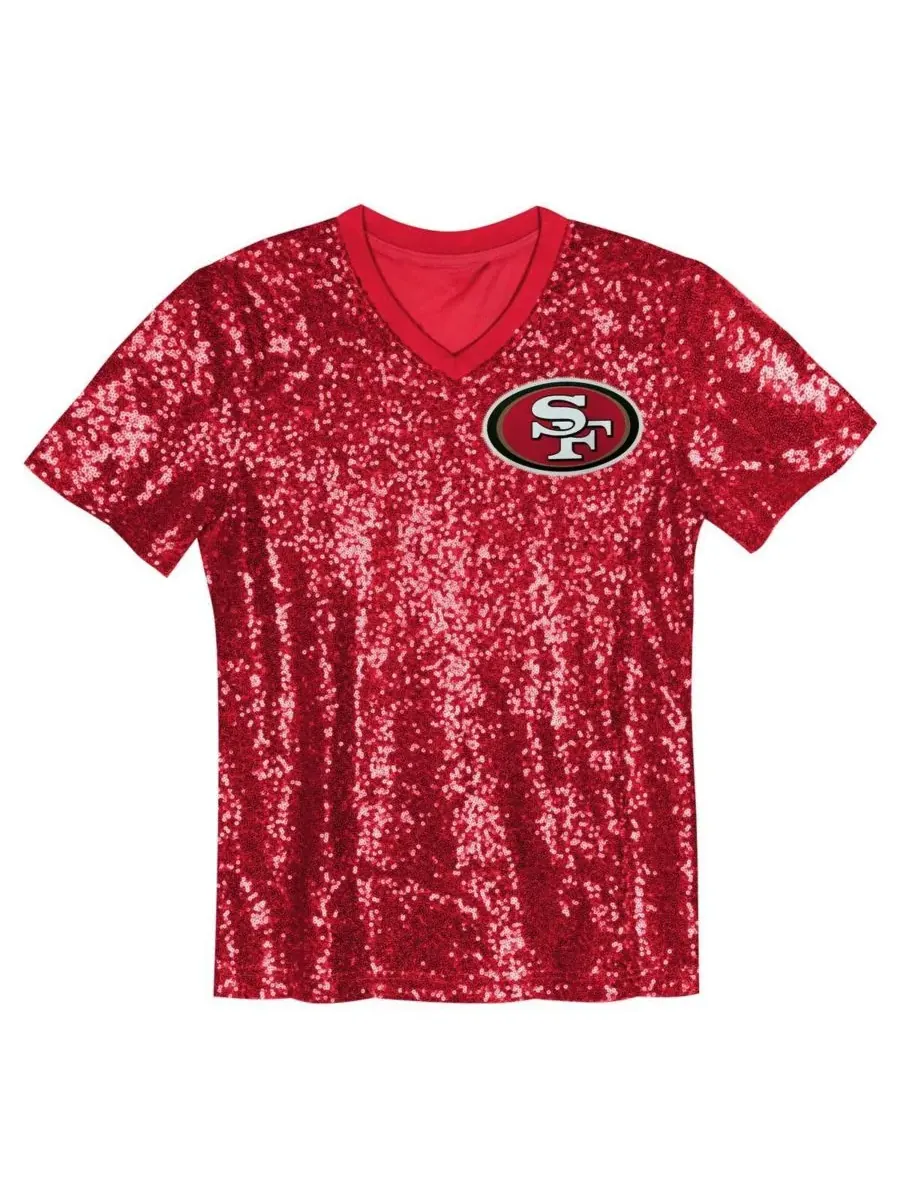 Детская футболка Christian McCaffrey Scarlet San Francisco 49ers с V-образным вырезом и пайетками — изображение 3 из 3, алый