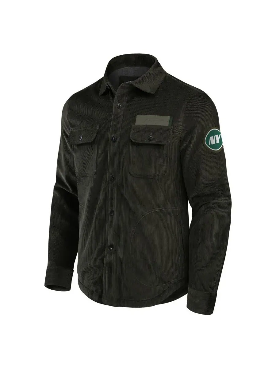 Fanatics Мужская темно-зеленая вельветовая куртка-рубашка New York Jets на пуговицах — изображение 2 из 3, темный зеленый