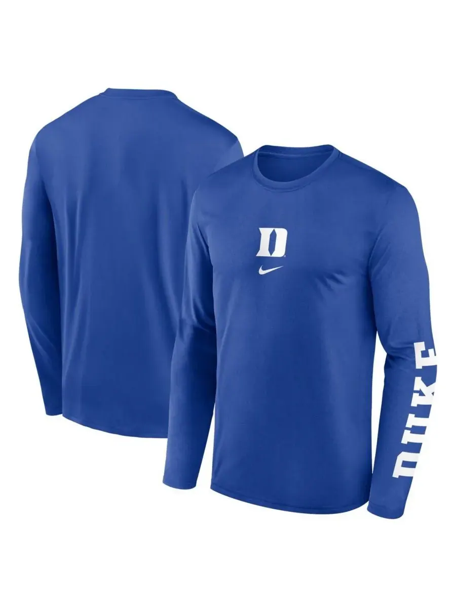 Nike Мужская футболка с длинным рукавом Royal Duke Blue Devils Prime Time Center Lockup Two-Hit — изображение 1 из 3