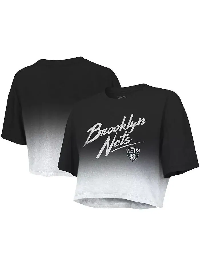 Женская укороченная футболка Tri-Blend с нитками черного и белого цвета Brooklyn Nets Dirty Dribble — изображение 1 из 3