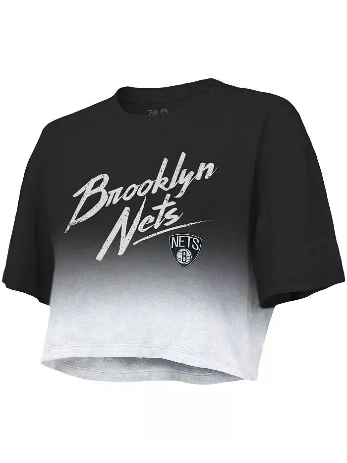 Женская укороченная футболка Tri-Blend с нитками черного и белого цвета Brooklyn Nets Dirty Dribble — изображение 2 из 3