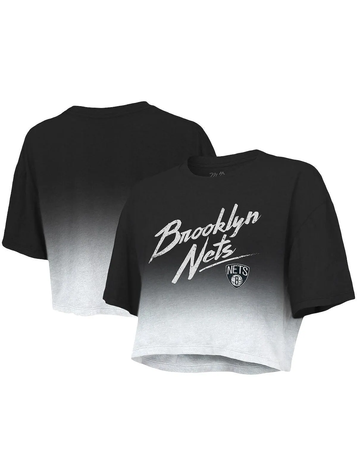 Женская укороченная футболка Tri-Blend с нитками черного и белого цвета Brooklyn Nets Dirty Dribble — изображение 1 из 3