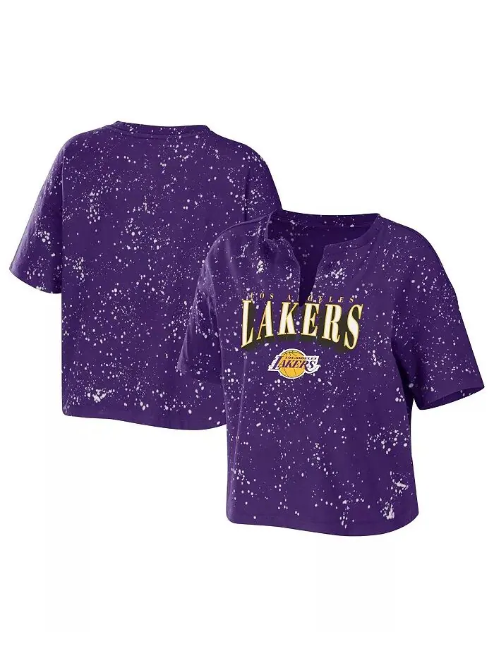 Женская фиолетовая футболка Los Angeles Lakers Bleach Splatter Notch Neck WEAR by Erin Andrews — изображение 1 из 3