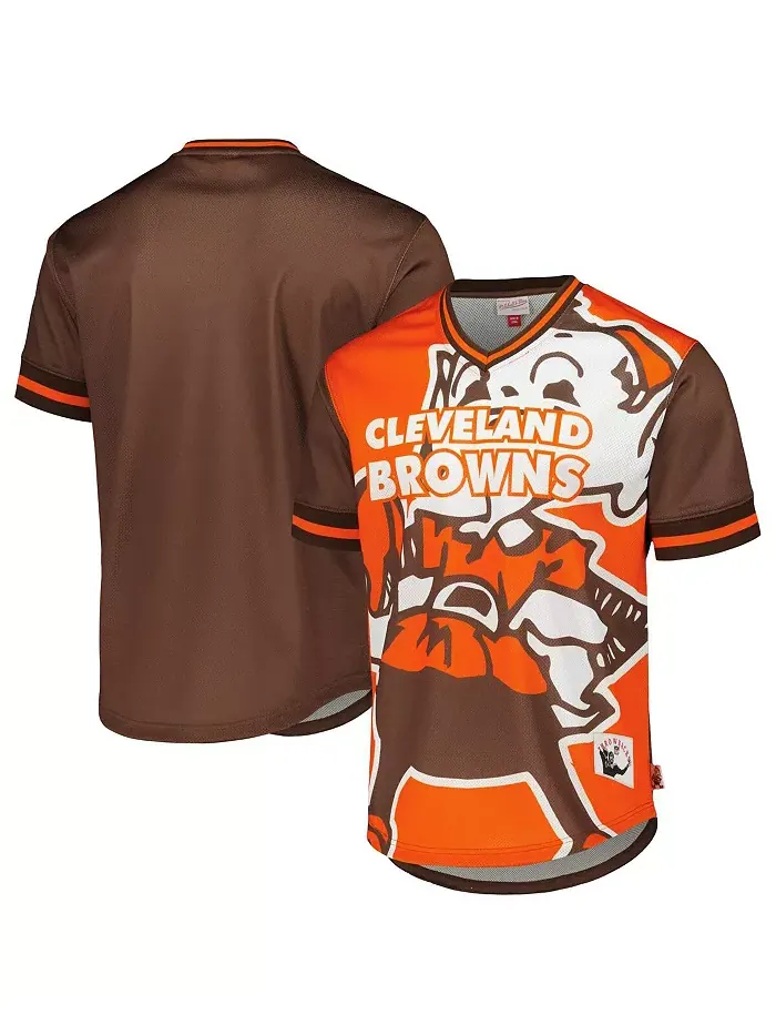 Мужская футболка с V-образным вырезом Cleveland Browns Jumbotron 3.0 Mesh оранжевого цвета Mitchell — изображение 1 из 2
