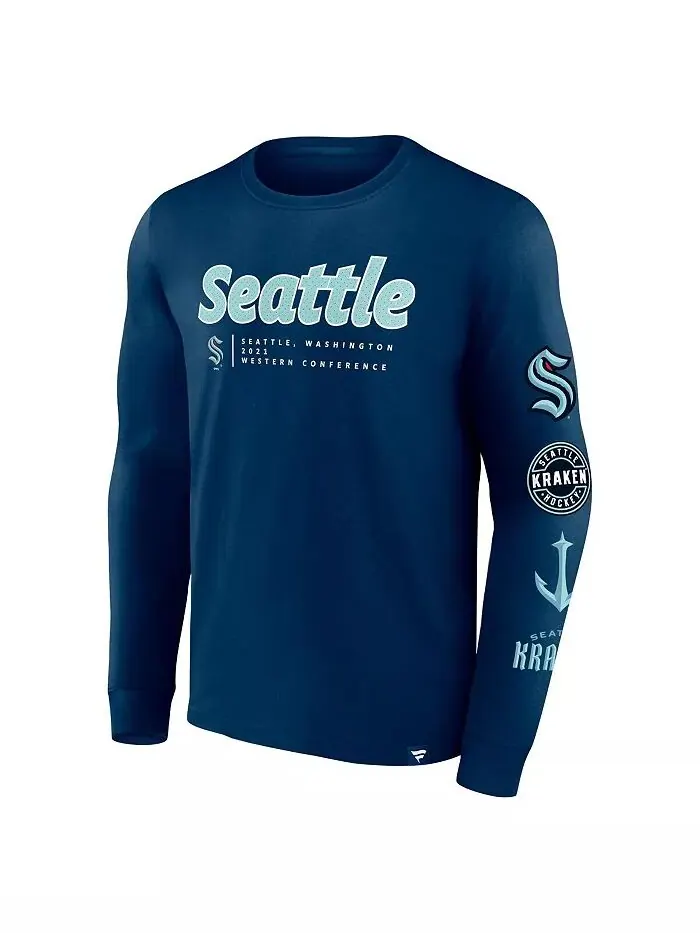 Футболка мужская темно-синяя Seattle Kraken Strike the Goal с длинным рукавом Fanatics — изображение 2 из 3
