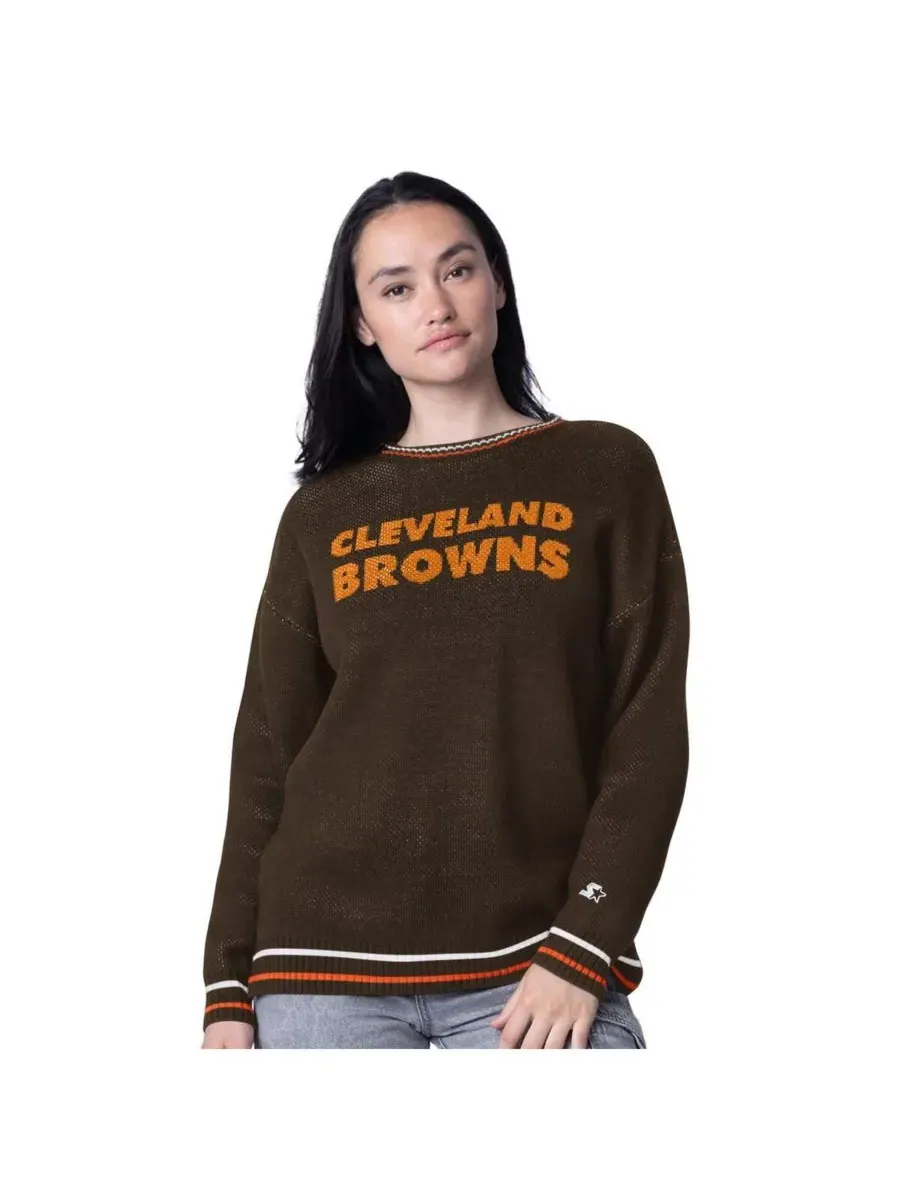 Starter Женский коричневый вязаный пуловер Cleveland Browns Oversized On the Ball с интарсией — изображение 1 из 2