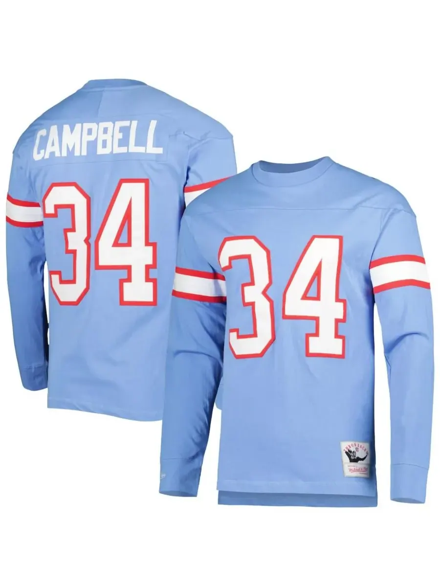 Mitchell & Ness Мужская футболка с длинным рукавом Earl Campbell светло-голубого цвета с именем и — изображение 1 из 3