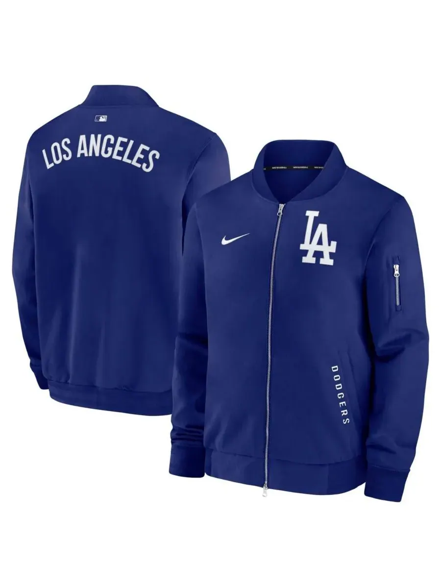 Мужская королевская куртка-бомбер на молнии Los Angeles Dodgers из аутентичной коллекции Dugout Nike — изображение 1 из 3