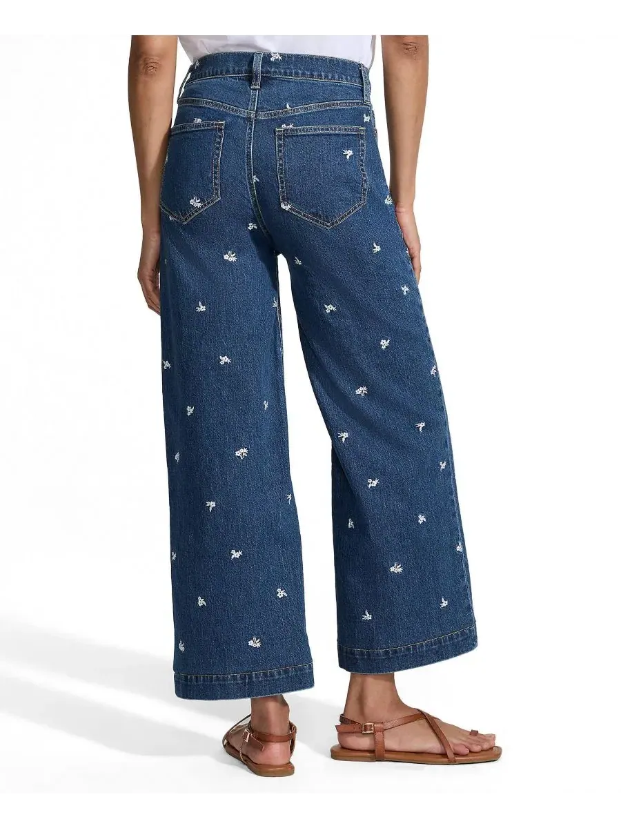 Джинсы с высокой посадкой, с вышивкой, крой клеш, укороченные Lands' End, Daisy Embroidery/Crawford — изображение 3 из 4