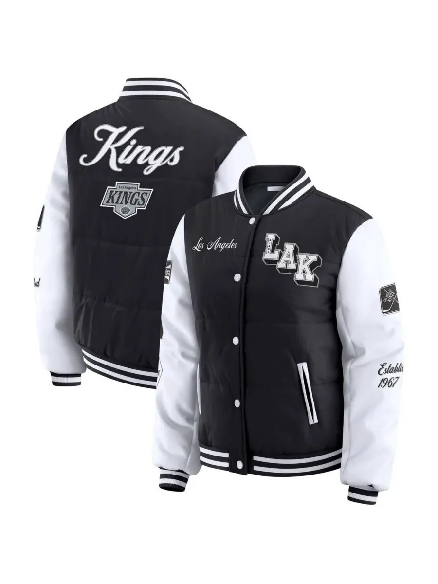 WEAR by Erin Andrews Женская черно-белая пуховая куртка Los Angeles Kings Varsity на кнопках — изображение 1 из 3