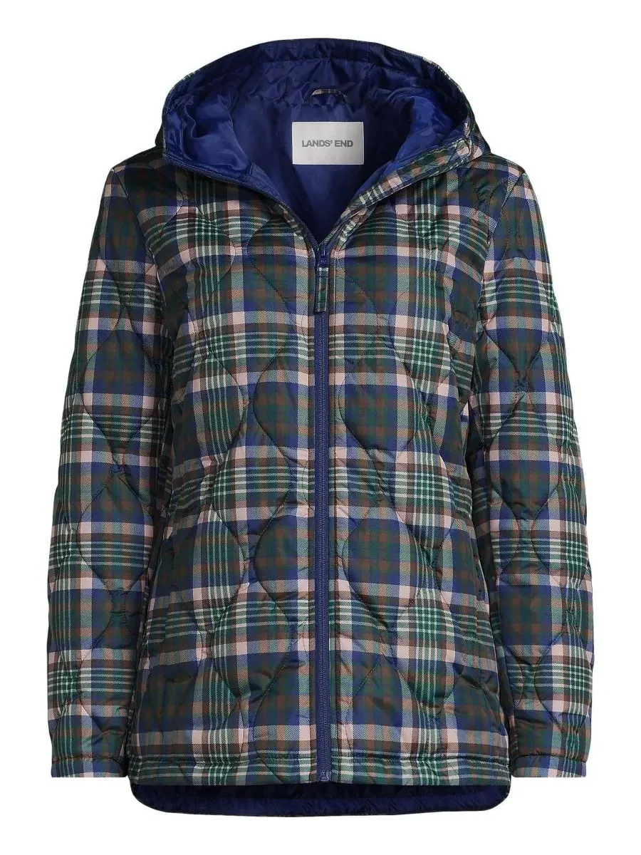 Женская стеганая куртка с капюшоном, с принтом Lands' End, Dark Walnut/Pine Plaid — изображение 3 из 4