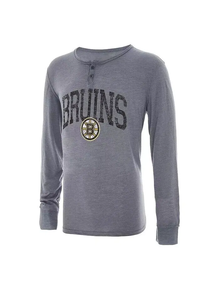 Мужская серая потертая футболка Boston Bruins Takeaway Henley с длинным рукавом Concepts Sport — изображение 1 из 1