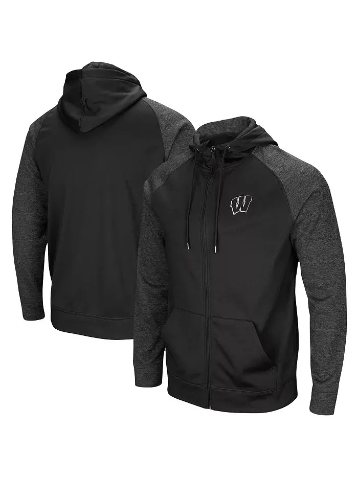 Мужская черная толстовка с капюшоном Wisconsin Badgers Big and Tall Blackout на молнии и регланными — изображение 1 из 3