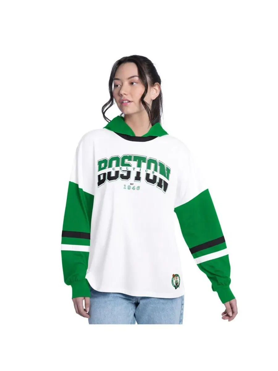 Женская белая/зеленая футболка с капюшоном и длинными рукавами Boston Celtics Key Player Oversized — изображение 1 из 4