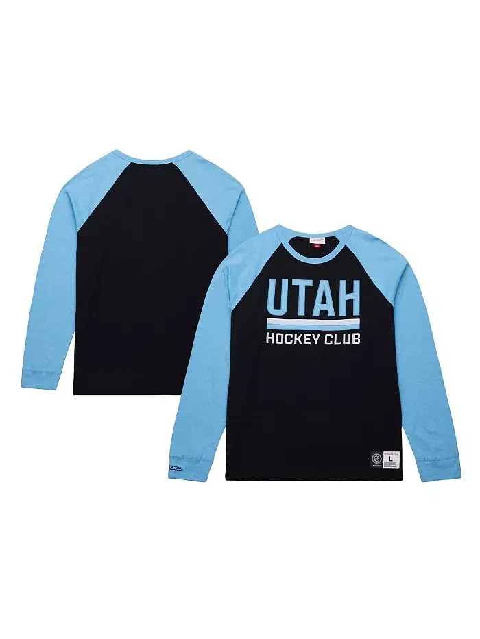 Мужская черная/голубая футболка Utah Mammoth Legendary Slub с длинным рукавом реглан Mitchell & Ness — изображение 1 из 5
