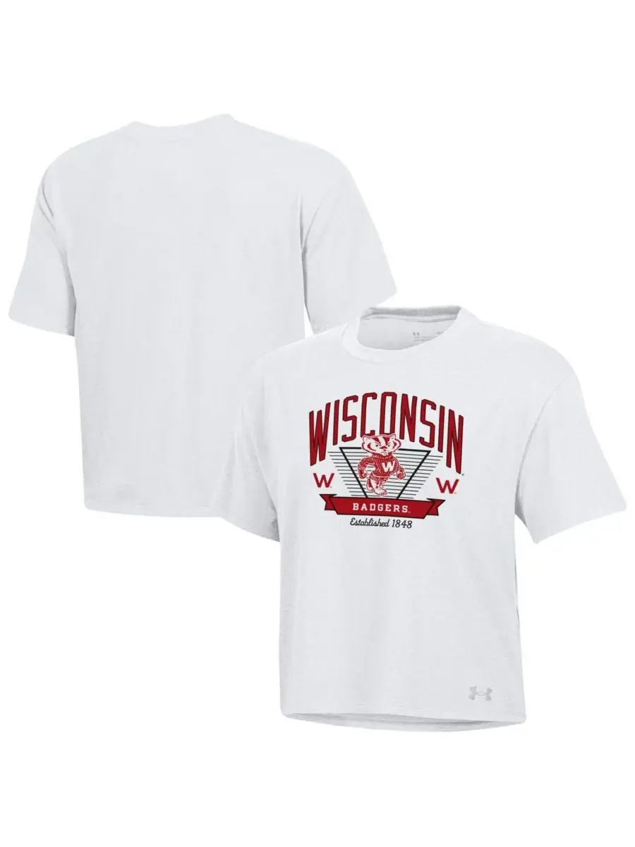 Under Armour Женская белая укороченная футболка Wisconsin Badgers Essentials Icon из ультрамягкой — изображение 1 из 3, белый