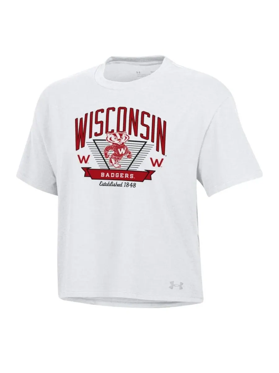 Under Armour Женская белая укороченная футболка Wisconsin Badgers Essentials Icon из ультрамягкой — изображение 3 из 3, белый