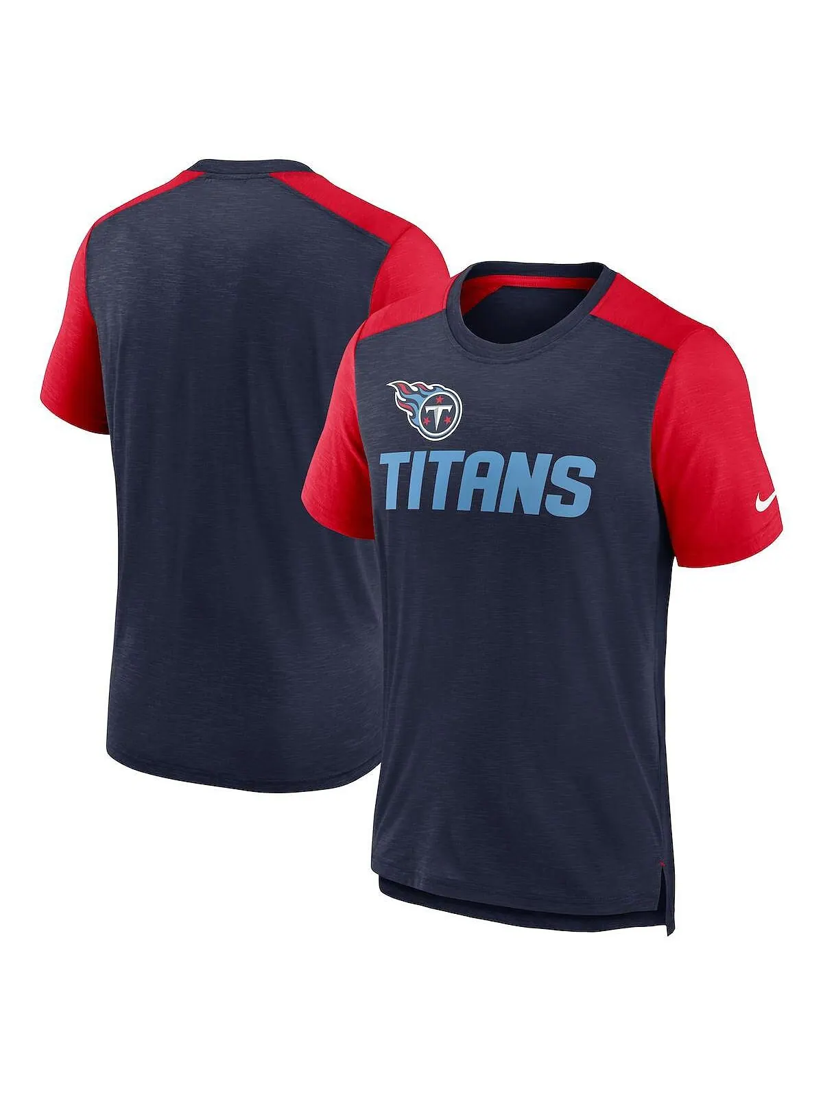 Мужская темно-синяя и красная футболка с контрастным рисунком Tennessee Titans с названием команды — изображение 1 из 3