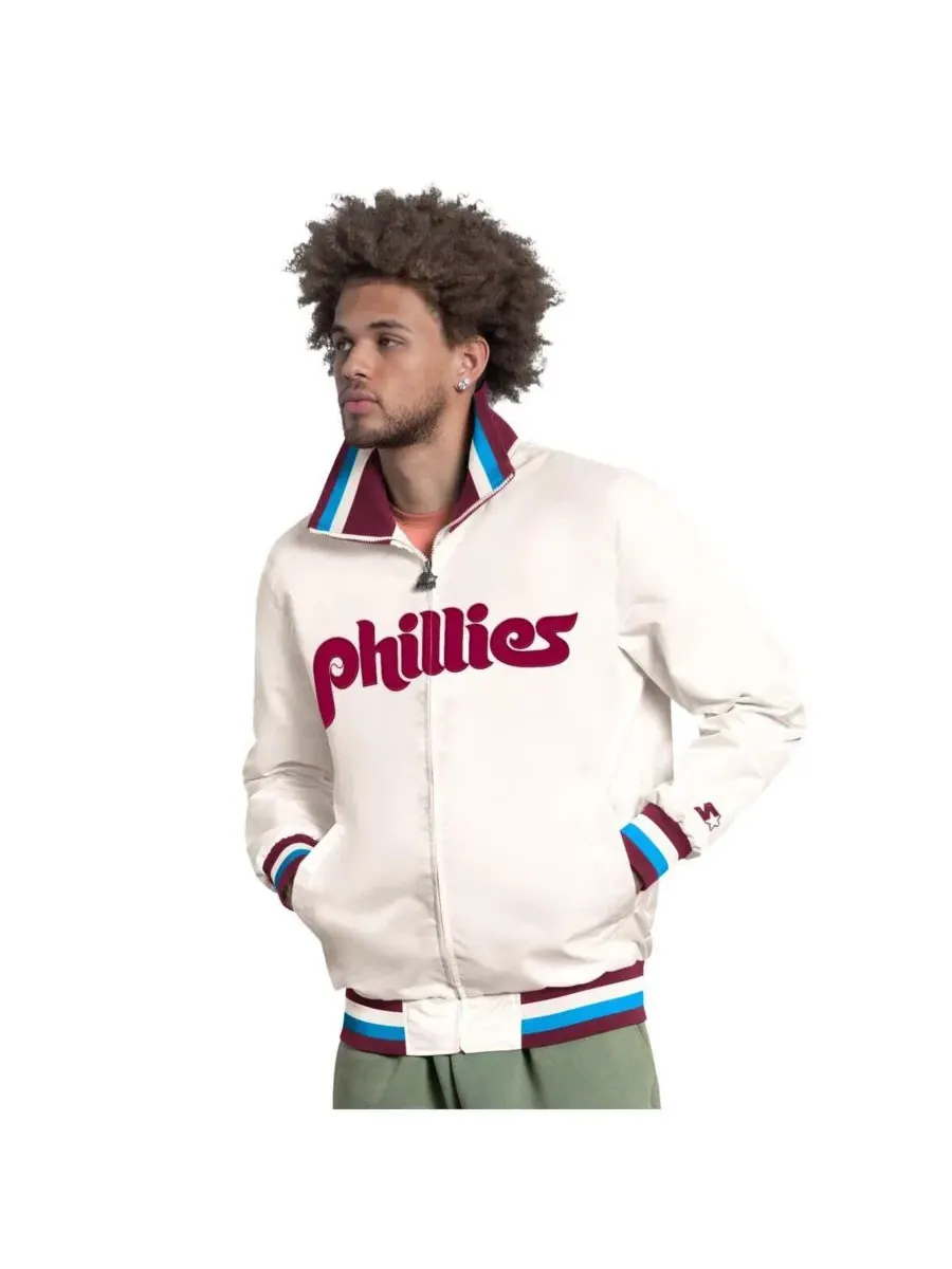 Мужская белая куртка-бомбер на молнии с логотипом команды Philadelphia Phillies и изображением — изображение 1 из 3