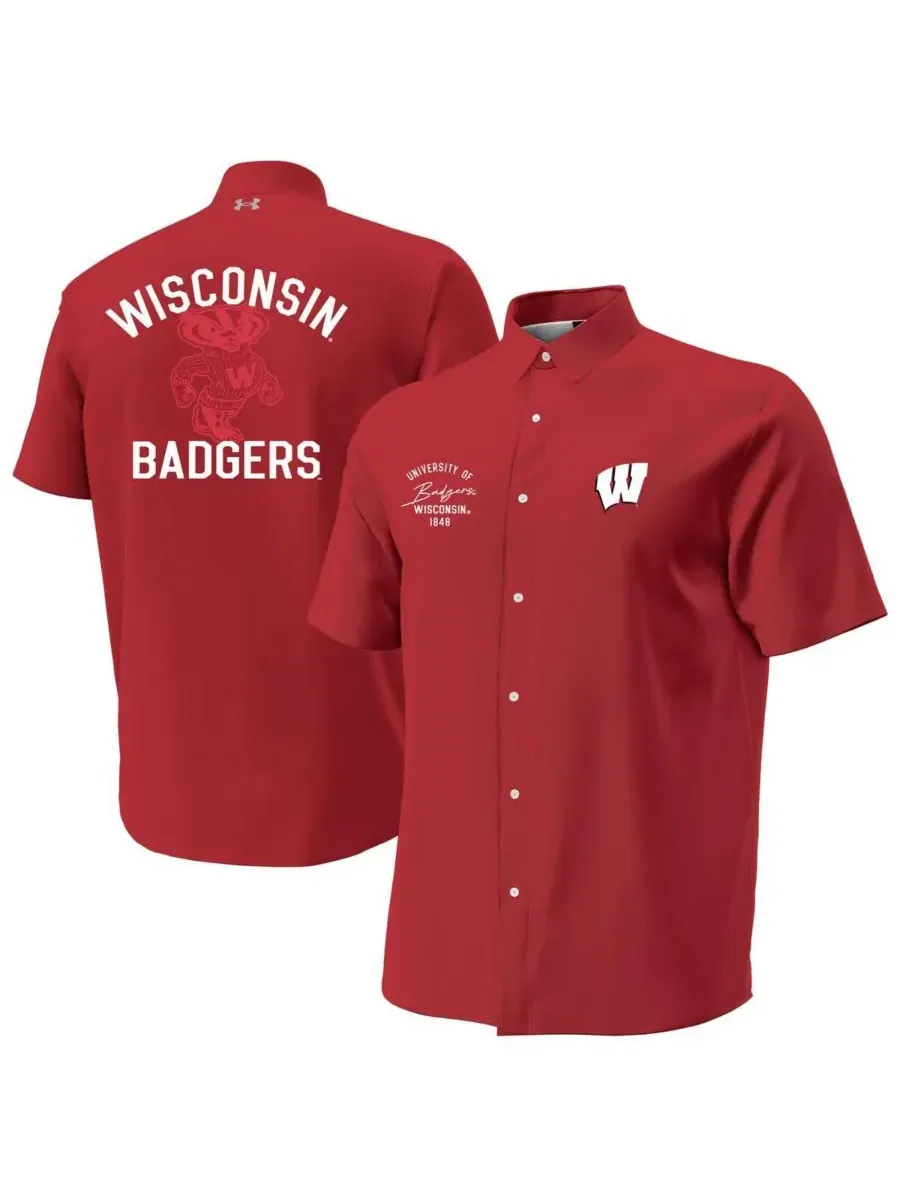 Under Armour Мужская красная рубашка на пуговицах Wisconsin Badgers Gameday ArmourFuse Camp — изображение 1 из 3, красный