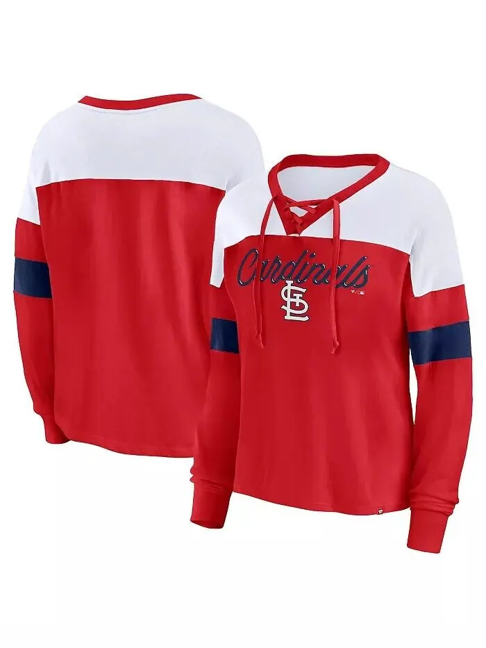 Женская красно-белая футболка St. Louis Cardinals Even Match на шнуровке с длинными рукавами и — изображение 1 из 3
