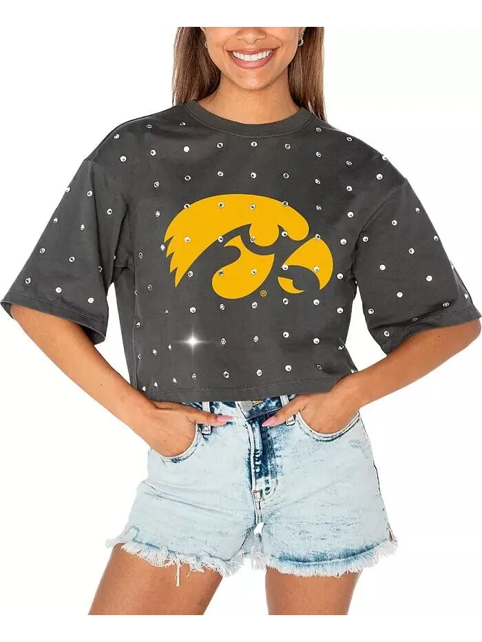 Женская серая укороченная футболка Iowa Hawkeyes Go Time со стразами Gameday Couture — изображение 1 из 3