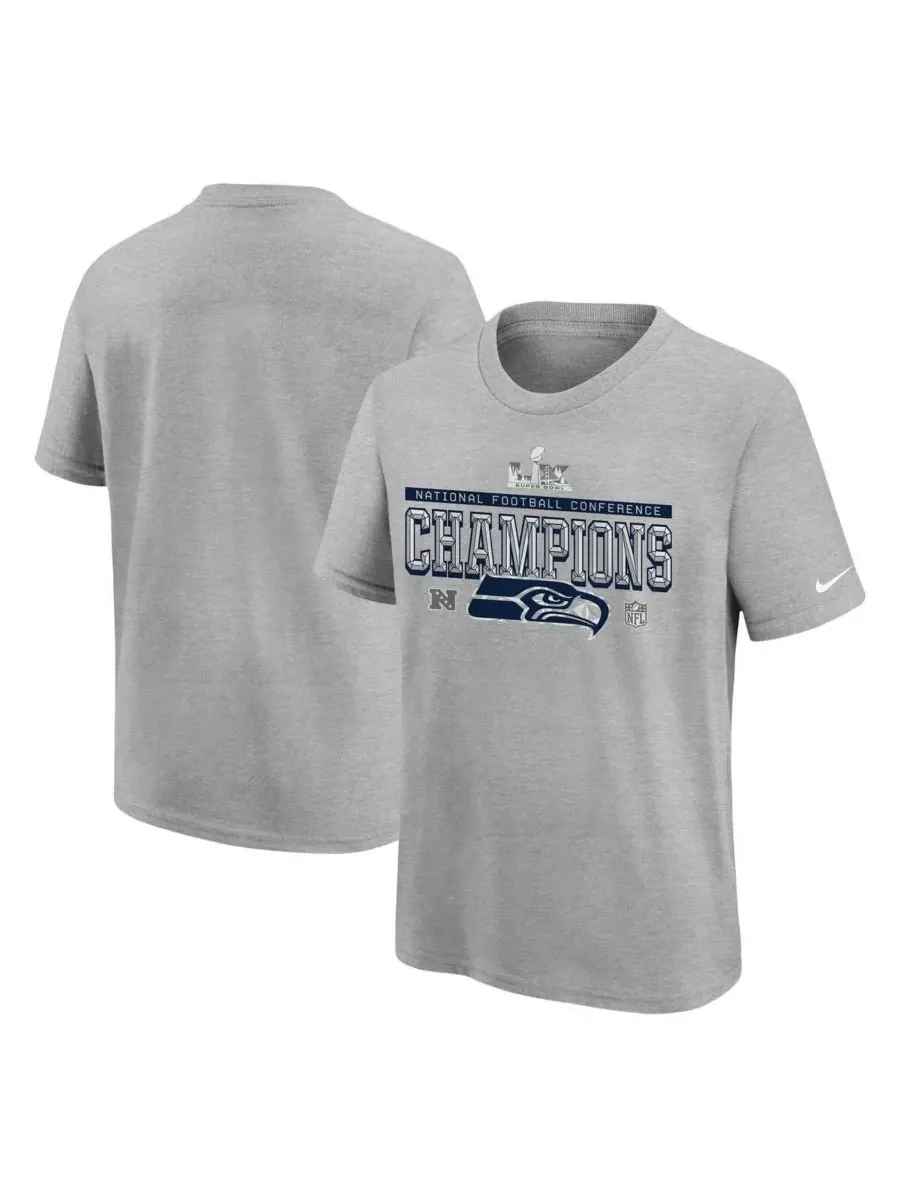 Nike Серая футболка Big Boys and Girls с символикой команды Seattle Seahawks, чемпионов NFC 2025 — изображение 1 из 3, серый