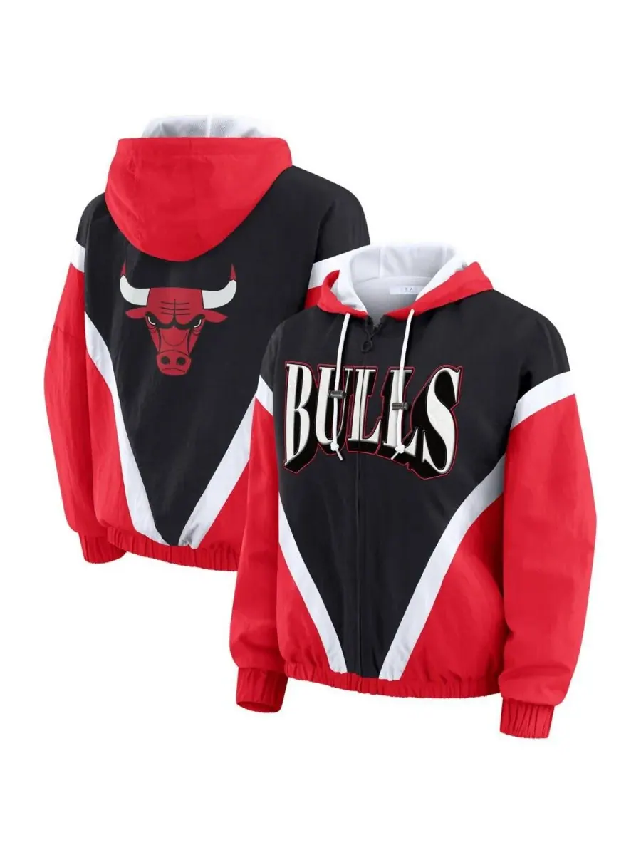 WEAR by Erin Andrews Женская ветровка-худи на молнии с цветными блоками и логотипом Chicago Bulls — изображение 1 из 3