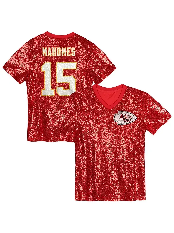 Детская модная футболка с пайетками Kansas City Chiefs Патрика Махома, красная, с V-образным — изображение 1 из 3