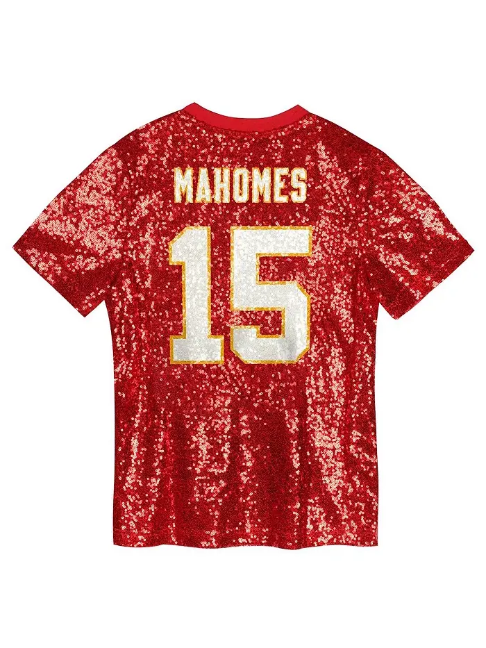 Детская модная футболка с пайетками Kansas City Chiefs Патрика Махома, красная, с V-образным — изображение 2 из 3
