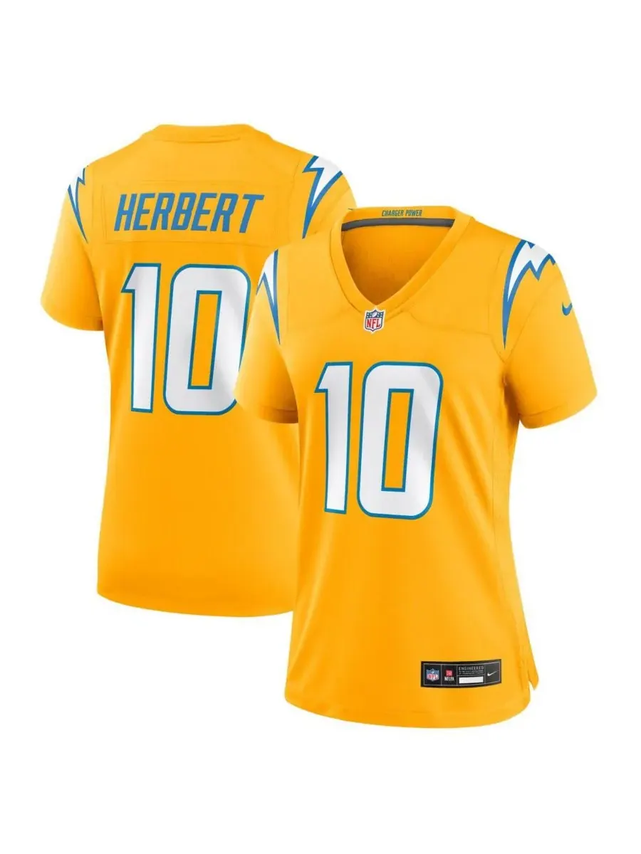 Женская золотая игровая футболка Джастина Герберта из команды Los Angeles Chargers (альтернативная — изображение 1 из 3