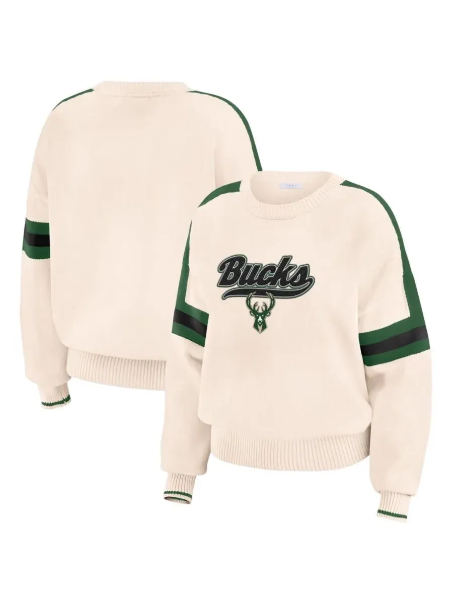 WEAR by Erin Andrews Женский кремовый полосатый пуловер с символикой команды Milwaukee Bucks — изображение 1 из 4, бежевый