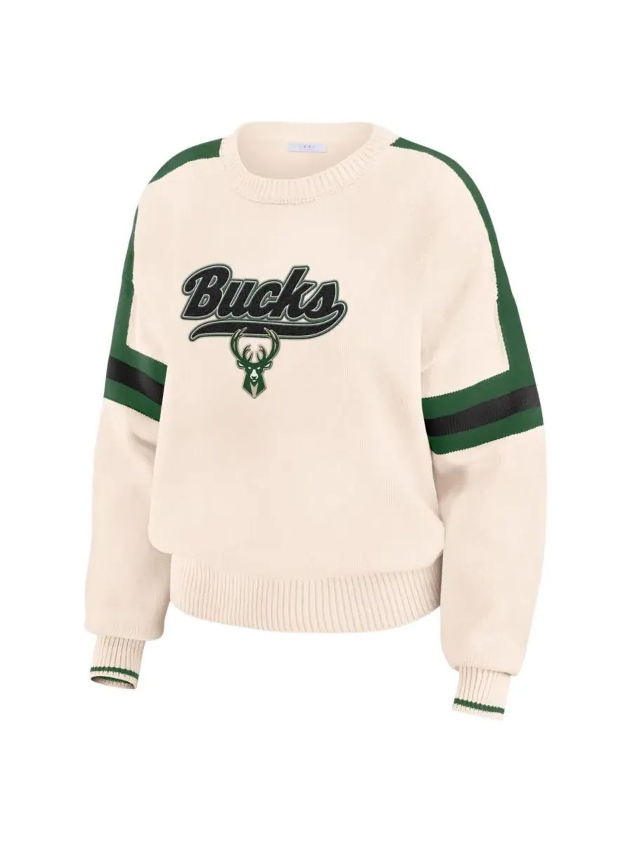 WEAR by Erin Andrews Женский кремовый полосатый пуловер с символикой команды Milwaukee Bucks — изображение 2 из 4, бежевый