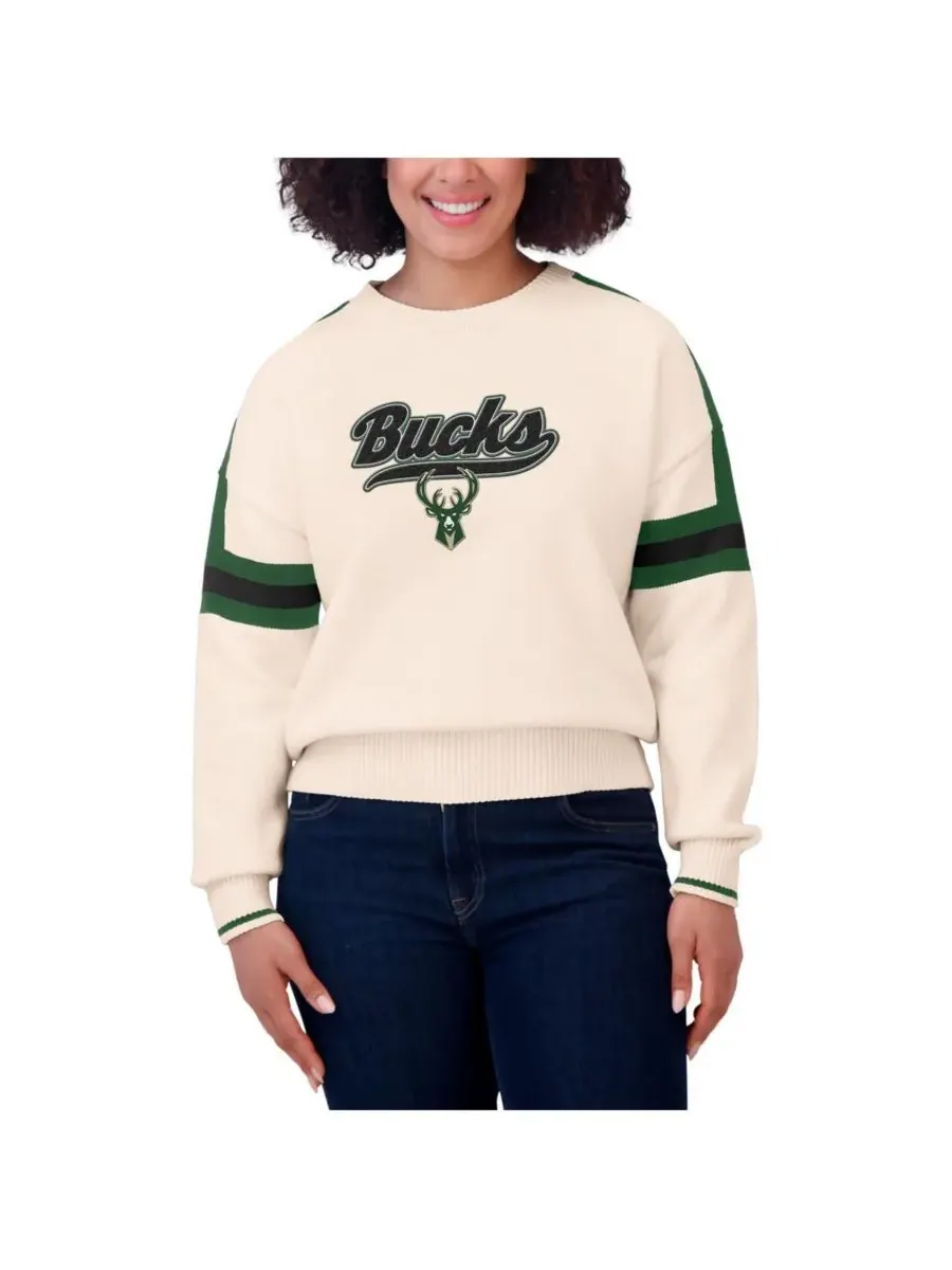 WEAR by Erin Andrews Женский кремовый полосатый пуловер с символикой команды Milwaukee Bucks — изображение 3 из 4, бежевый
